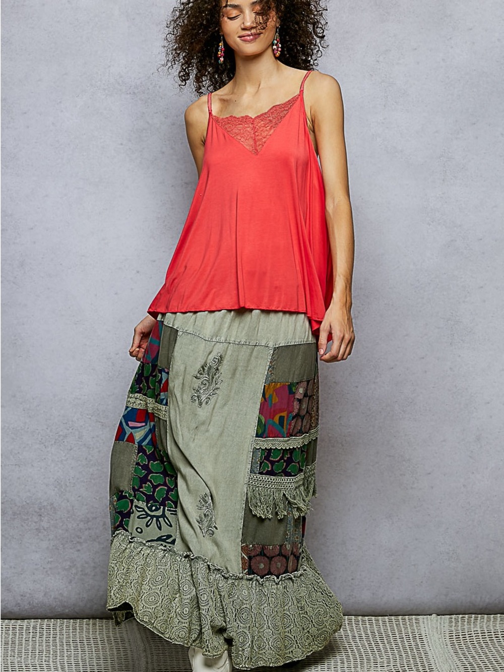 POL Printed Patchwork Embroidered Ruffled Skirt - Picture 6 of 7